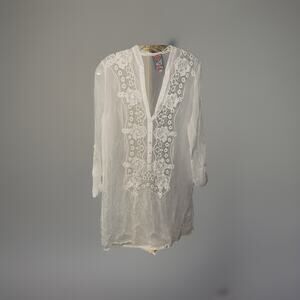Johnny Was Womens White Lace Embroidered Eyelet Long Sleeve Tunic Size XS C26